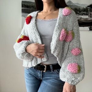 Handmade Knit Strawberry Cardigan Coquette Open Shawl Sweater Twee Y2K